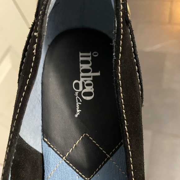 Women's Black Wedge Loafers Shoes Indigo by Clarks Suede Leather in Black Size 7 - Picture 9 of 16